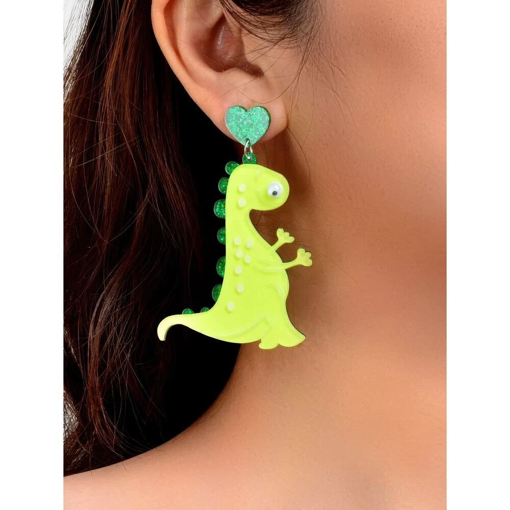 Bright Green Dinosaur Earrings with Googly Eyes - Picture 2 of 8